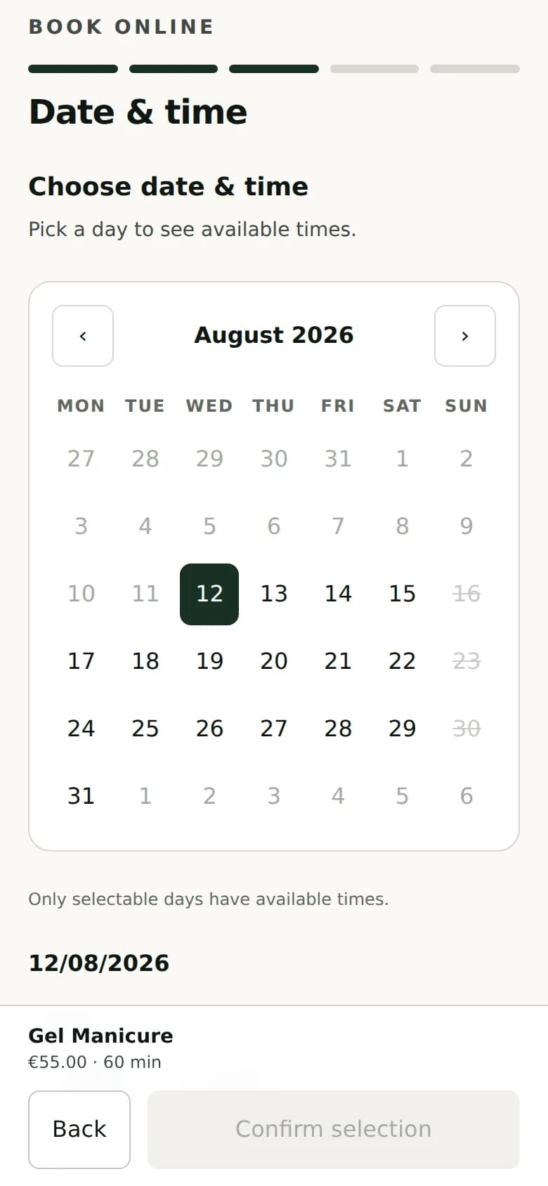 Product preview: RightSlot booking page with demo data