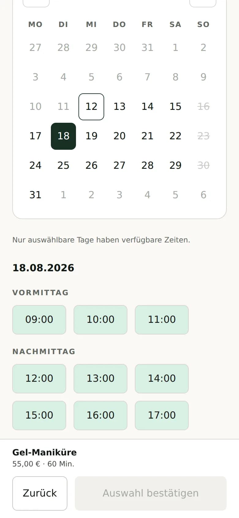 Produktansicht: RightSlot Buchungsseite mit Demodaten