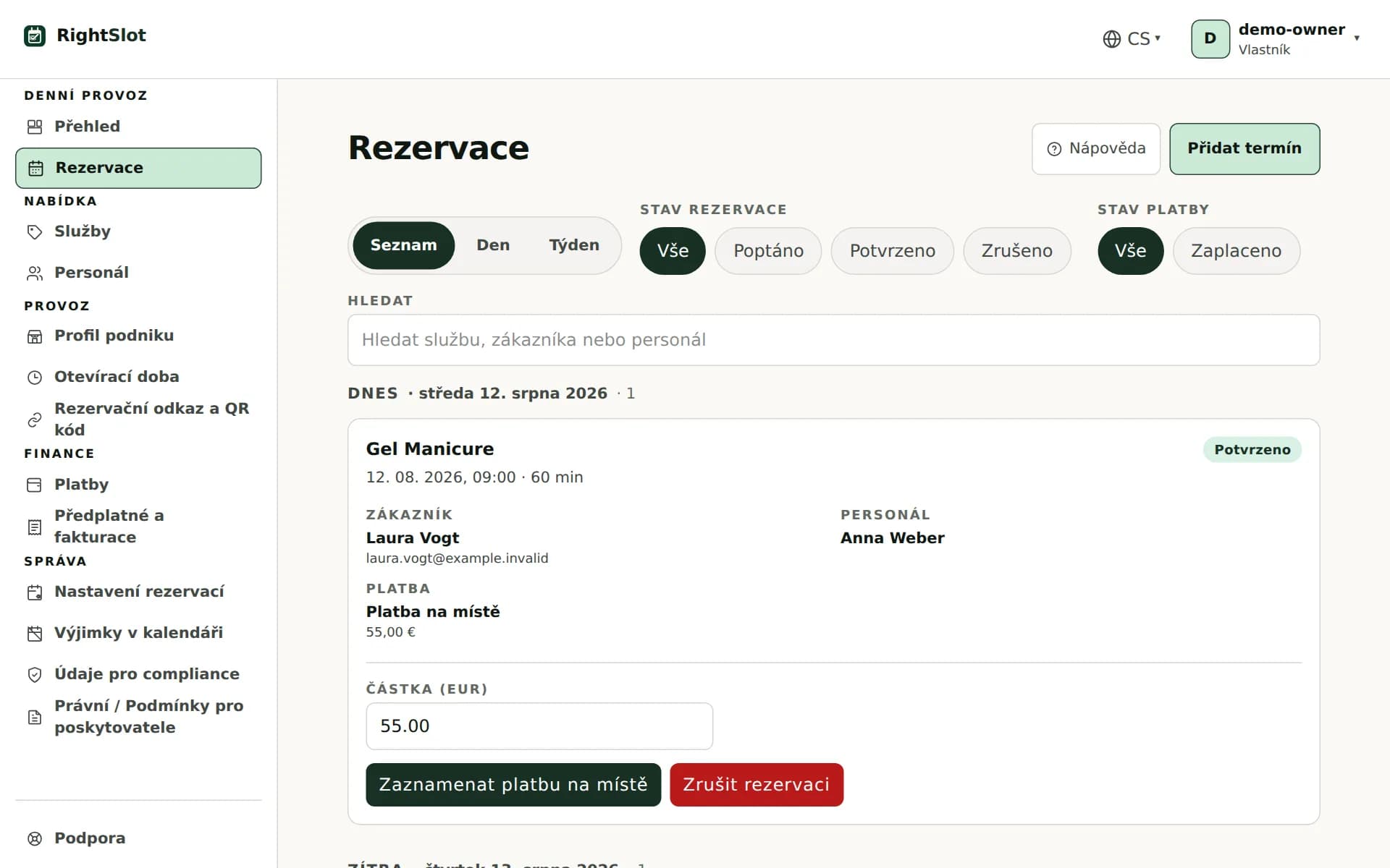 Náhled produktu: správa rezervací RightSlot s demo daty