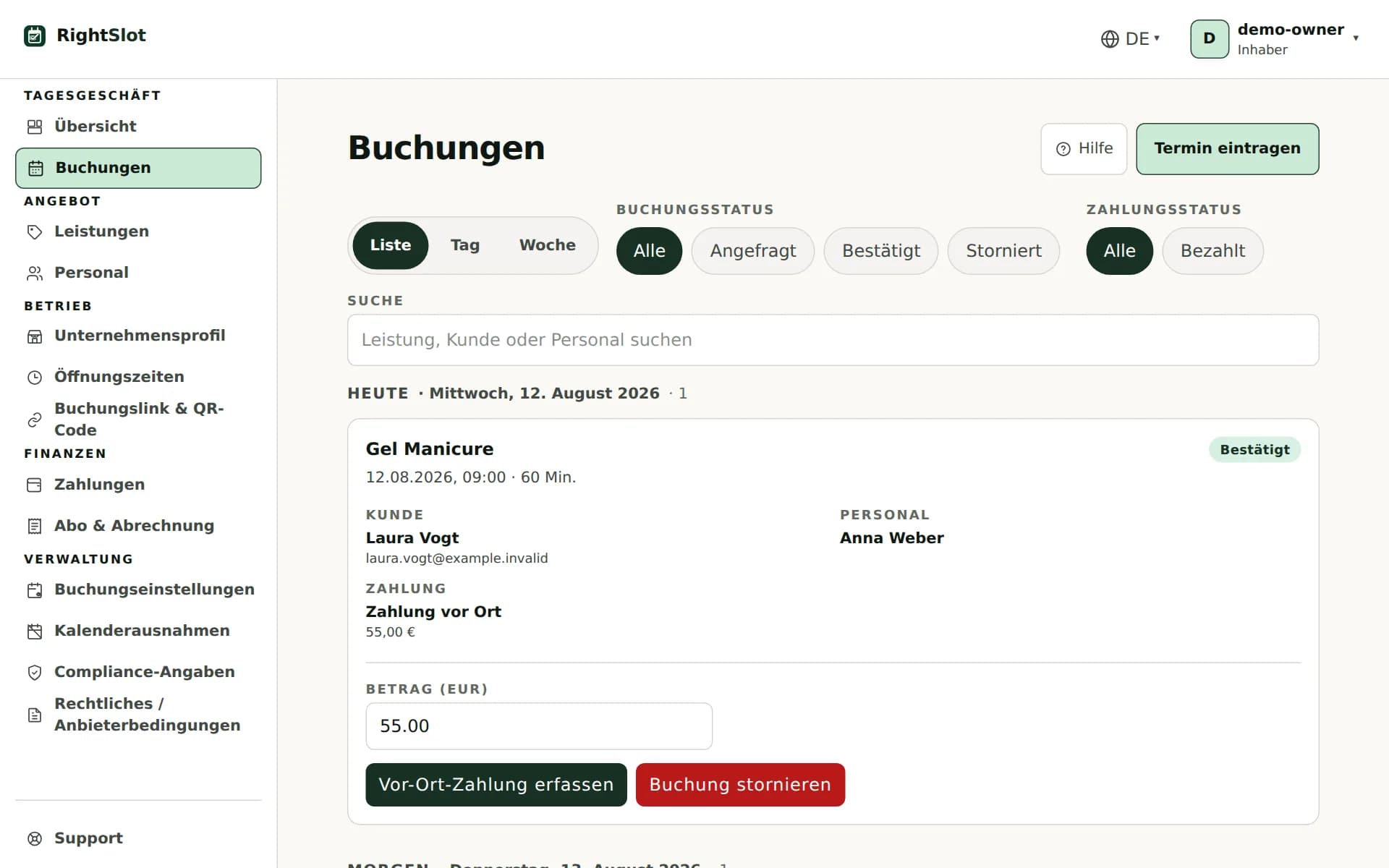 Produktansicht: RightSlot Buchungsverwaltung mit Demodaten