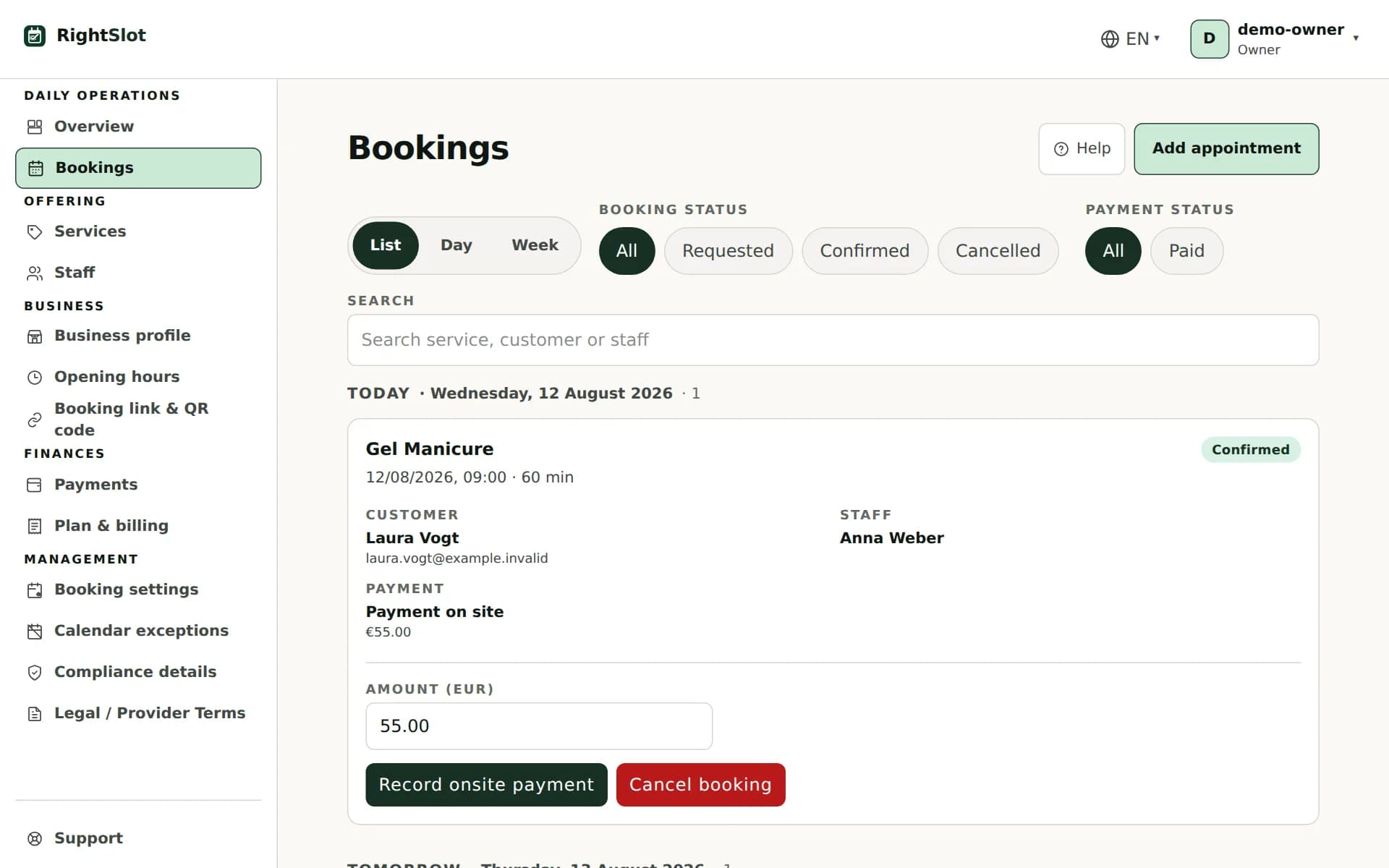 Product preview: RightSlot booking management with demo data
