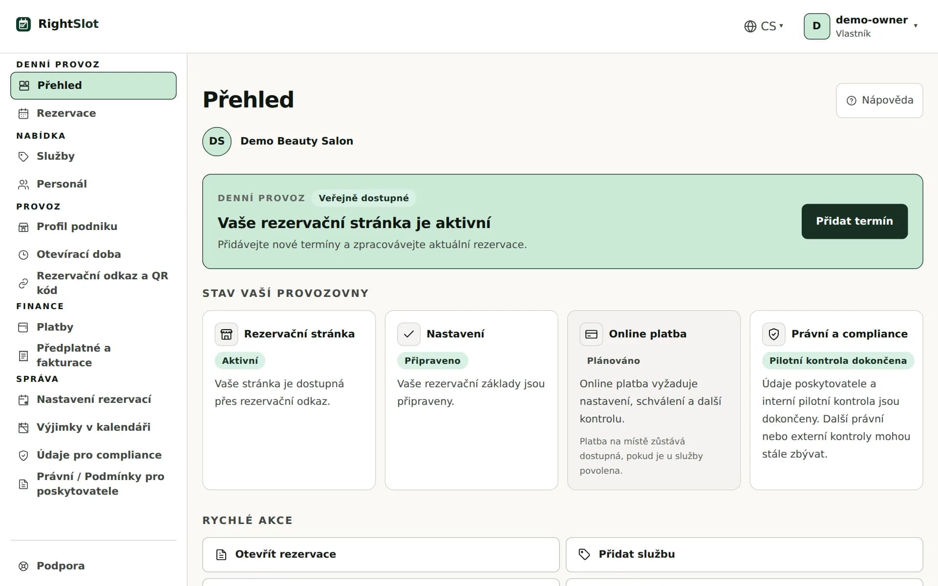 Náhled produktu: přehled dashboardu RightSlot s demo daty