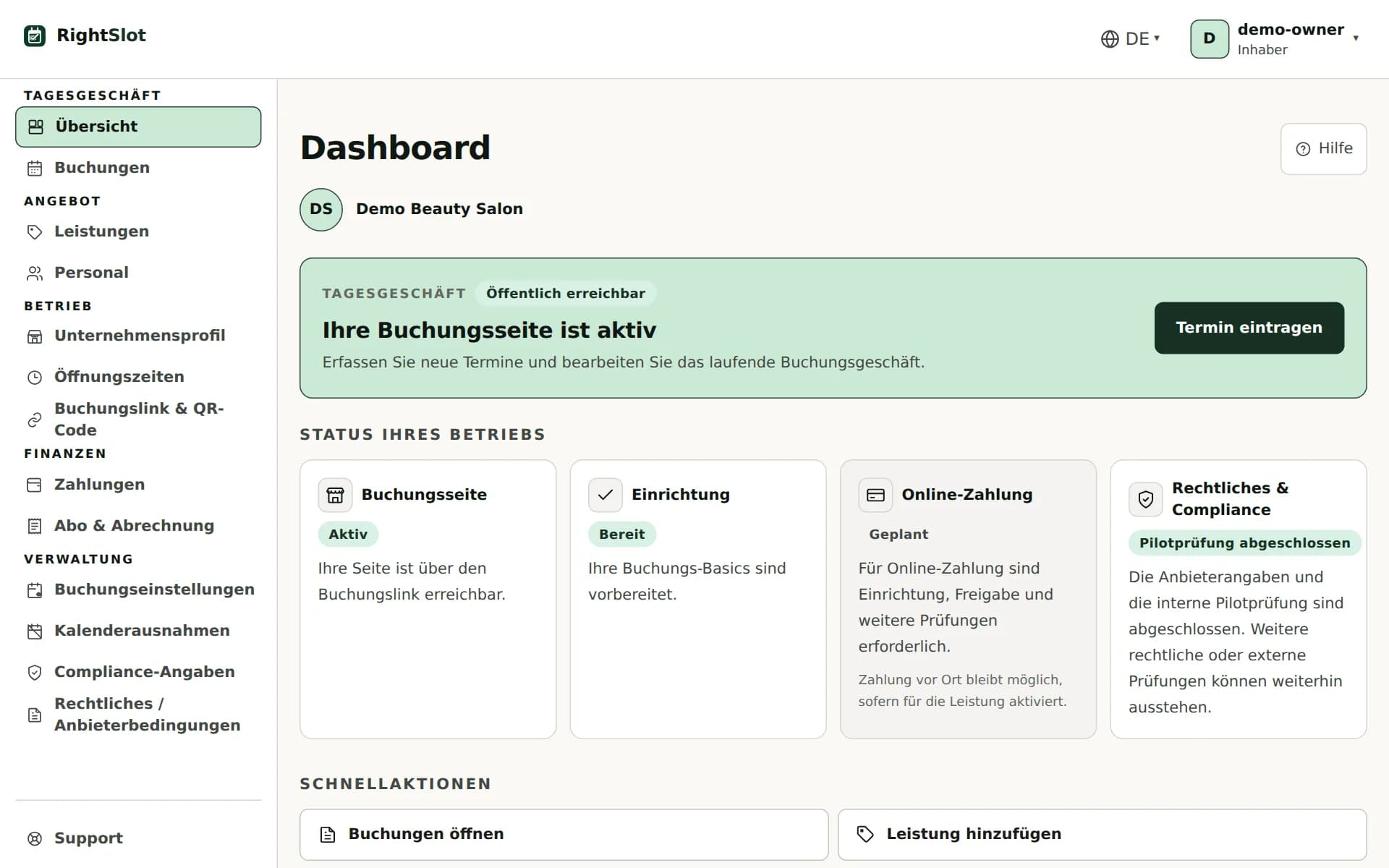 Produktansicht: RightSlot Dashboard-Übersicht mit Demodaten