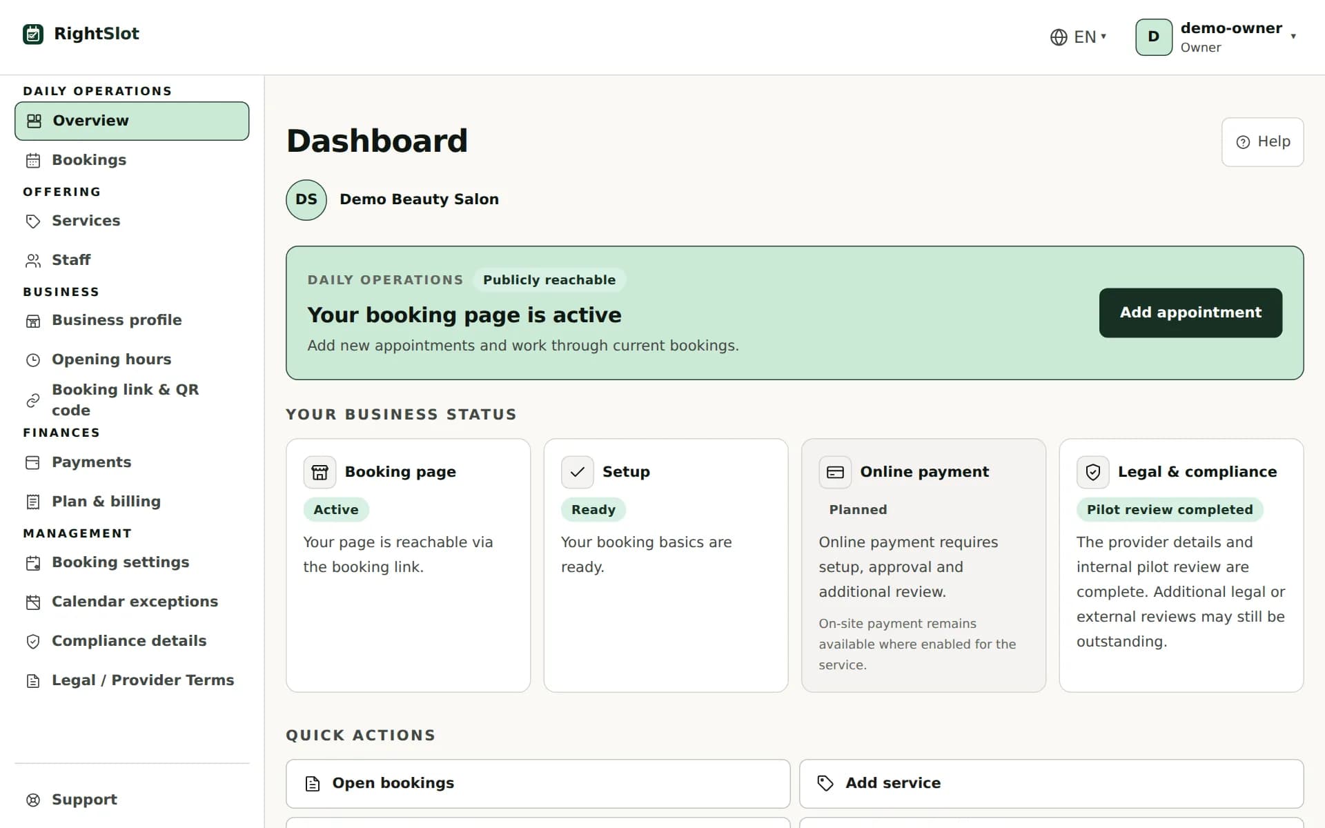 Product preview: RightSlot dashboard overview with demo data